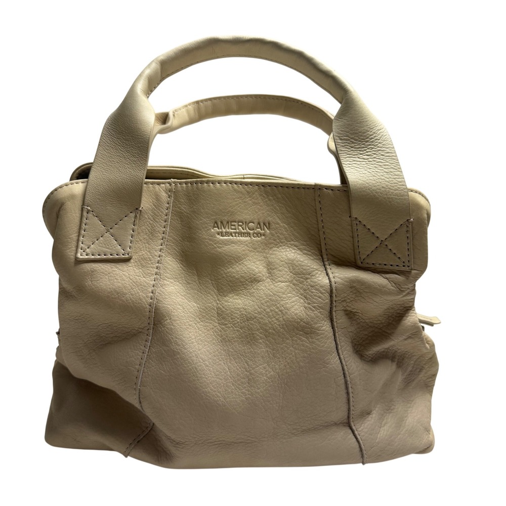 American Leather Co Cream Beige Pebbled Leather Triple Compartment Satchel Bag